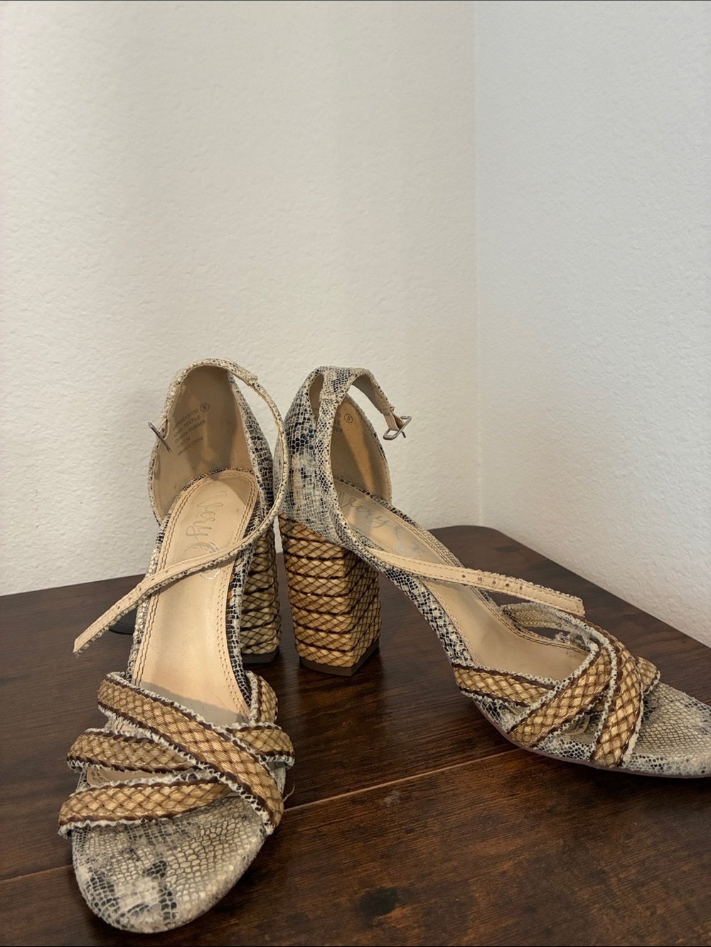 Very G Beige Snake-Print Woven Block Heel Sandals